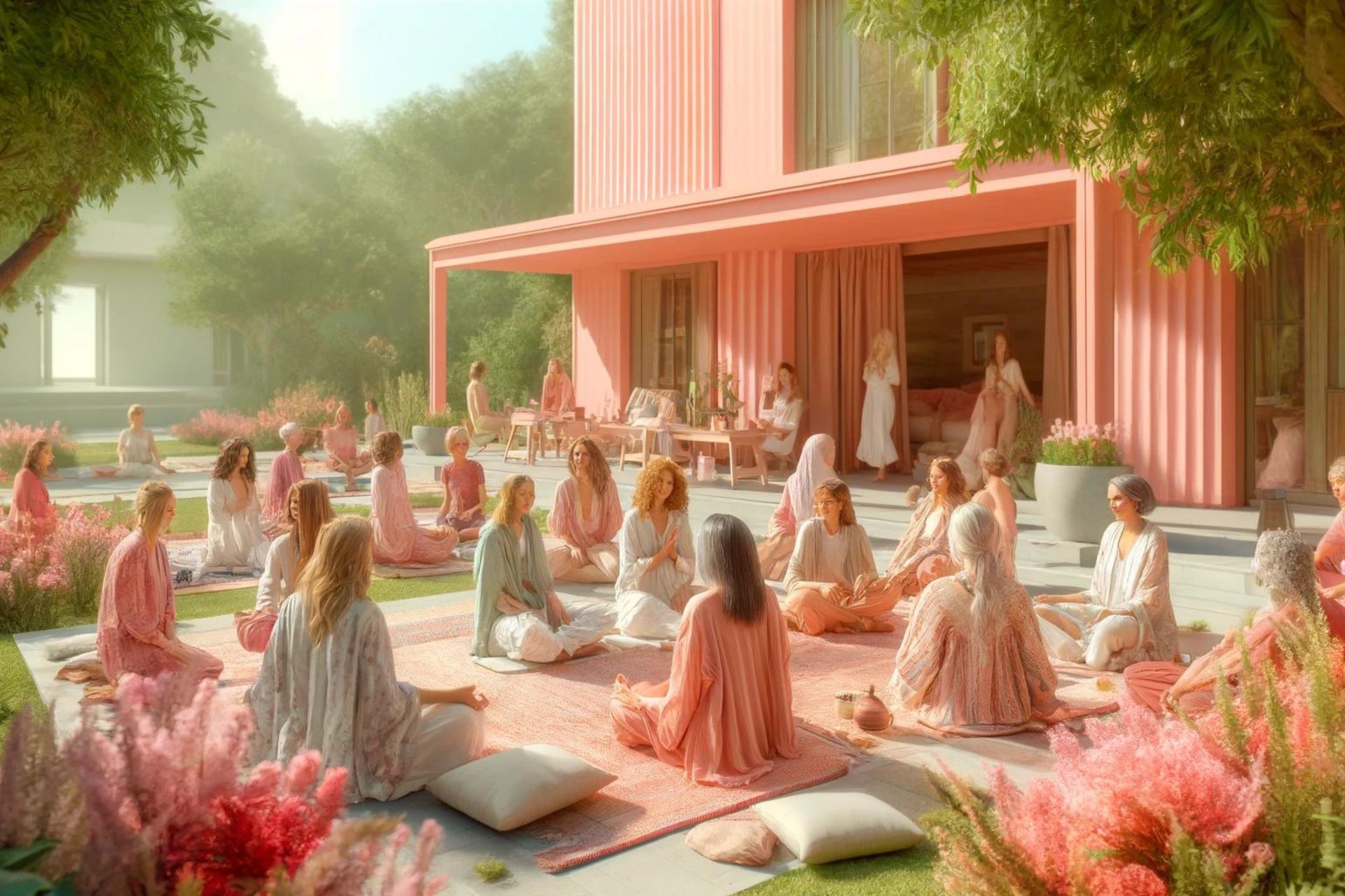 a photorealistic image of a diverse group of women sitting outside on the ground at a spiritual retreat