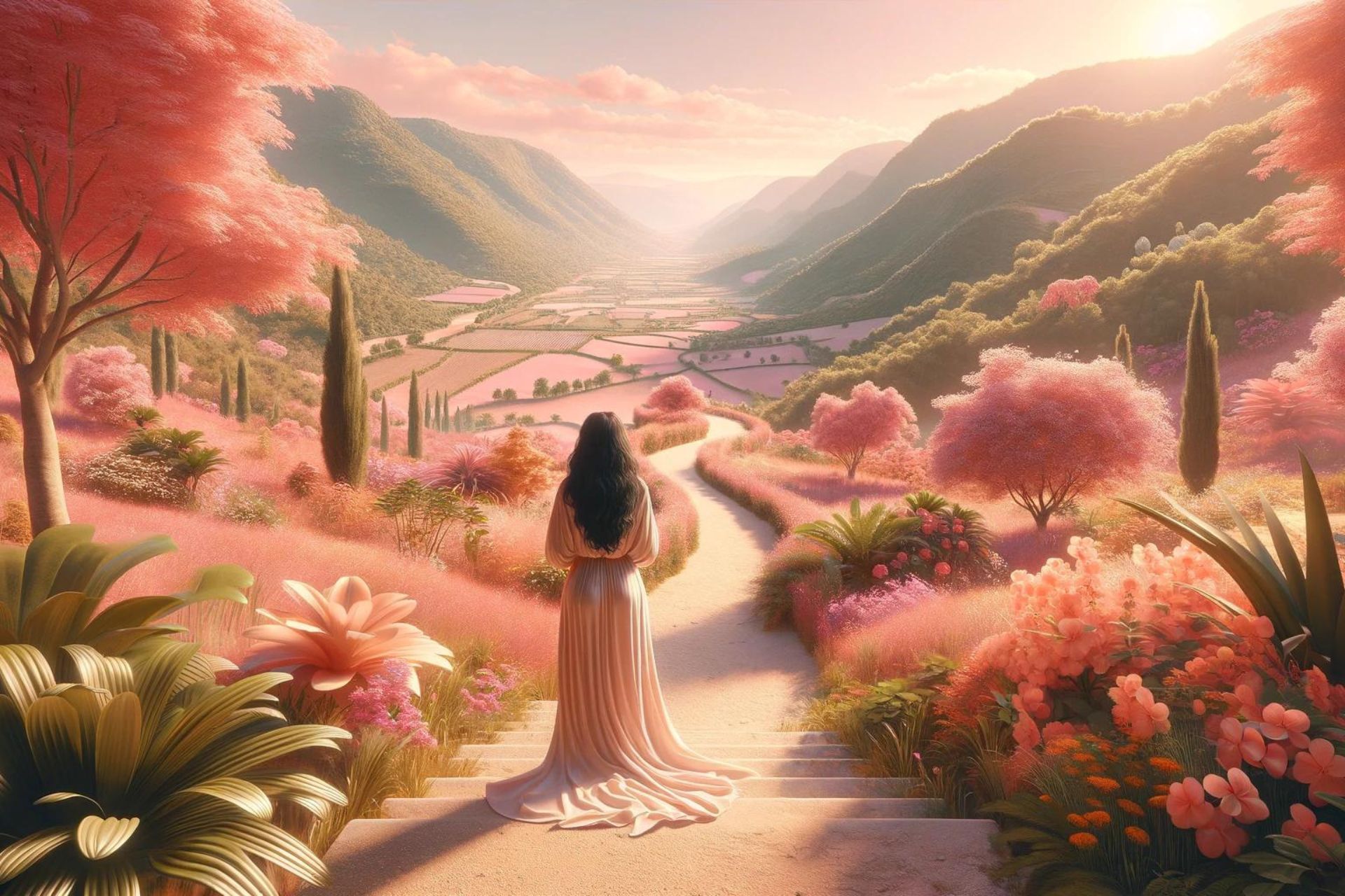 a photorealistic image of a woman standing with her back to us facing a long and path through a beautiful valley