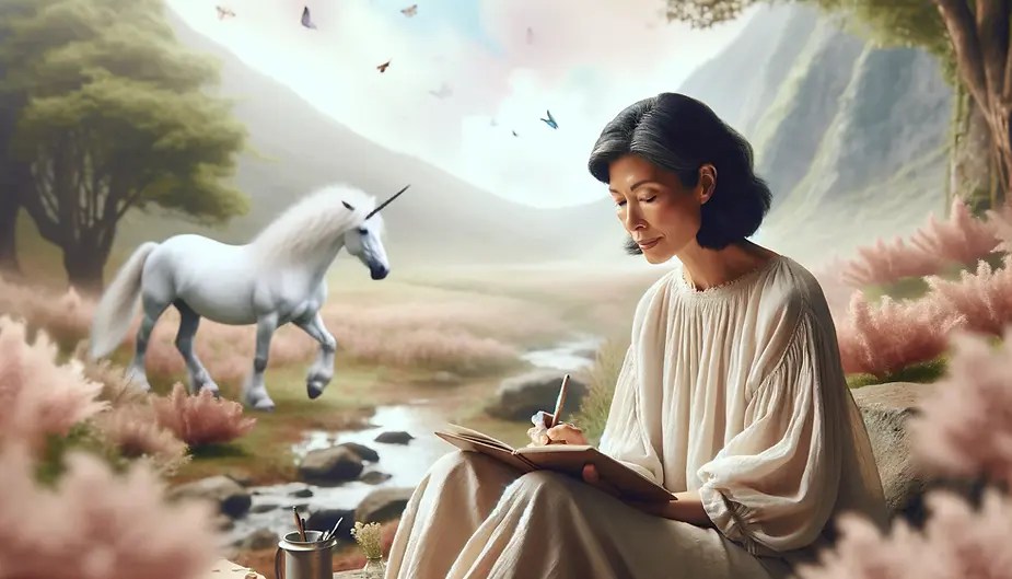 woman journaling with unicorn in background