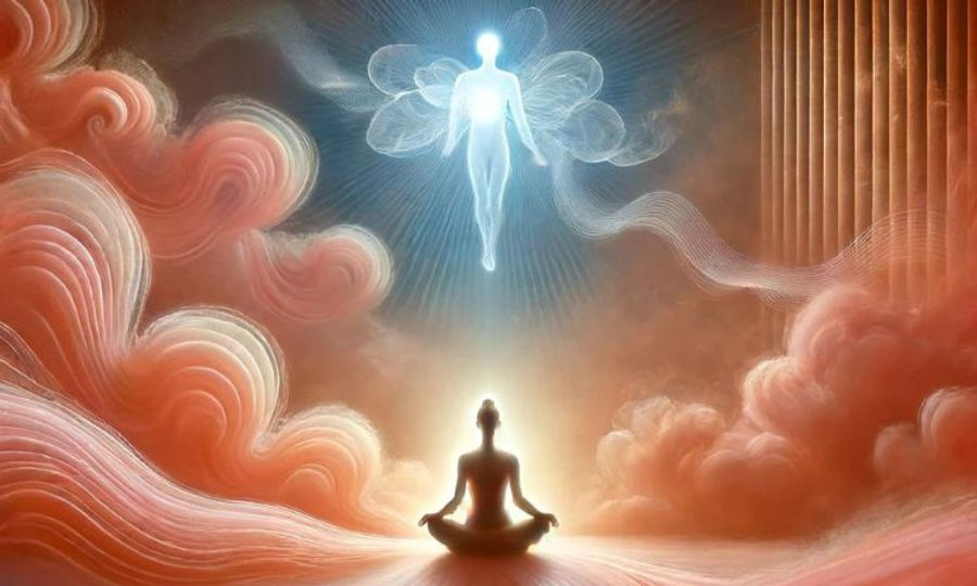 graphic of a woman meditating with her higher self angel like above her