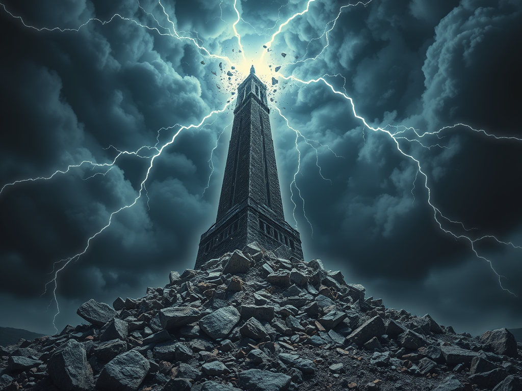 A tall tower being struck by lightning, surrounded by dark, ominous clouds and debris on the ground, symbolizing a moment of destruction and transformation.