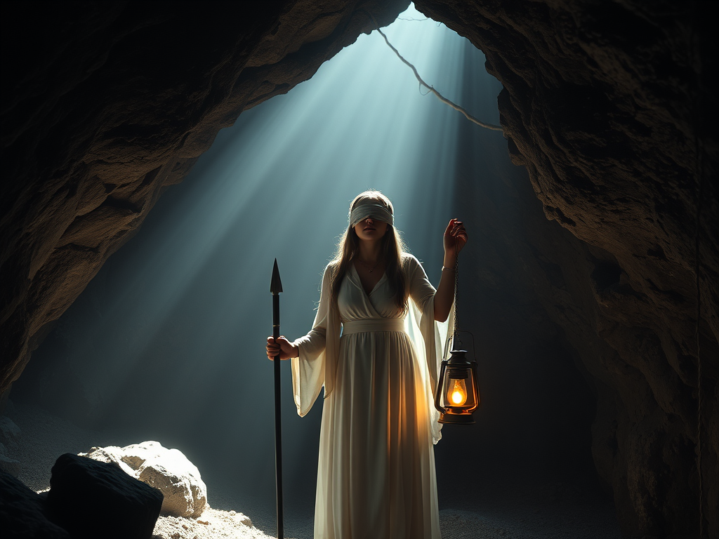 A figure dressed in a flowing white gown stands in a dark cave illuminated by beams of light, holding a lantern in one hand and a spear in the other, with a blindfold covering their eyes, symbolizing introspection and inner exploration.