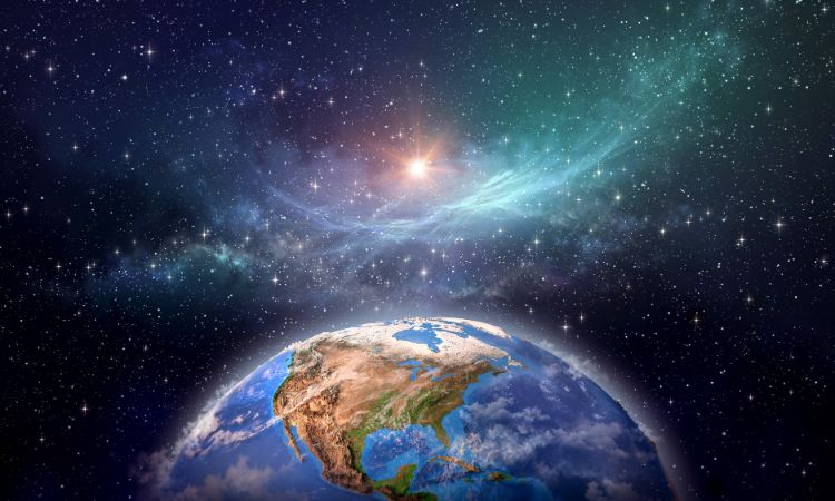 Graphic image of the Earth viewed from space with cosmic energy flowing above it