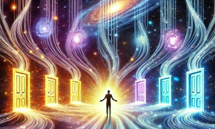 a person standing in front of doors of energetic possibilities