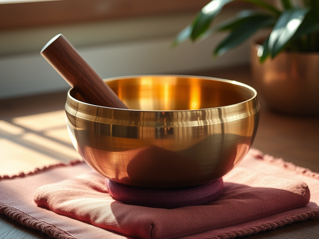 A hand gently strikes a singing bowl with a mallet, creating sound vibrations for meditation.