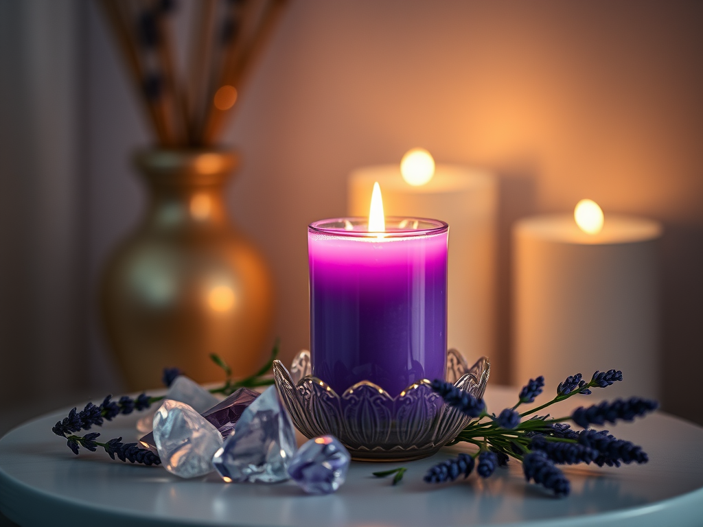 A glass candle with a purple wax and a lit wick sits on a wooden surface, surrounded by fresh lavender flowers.