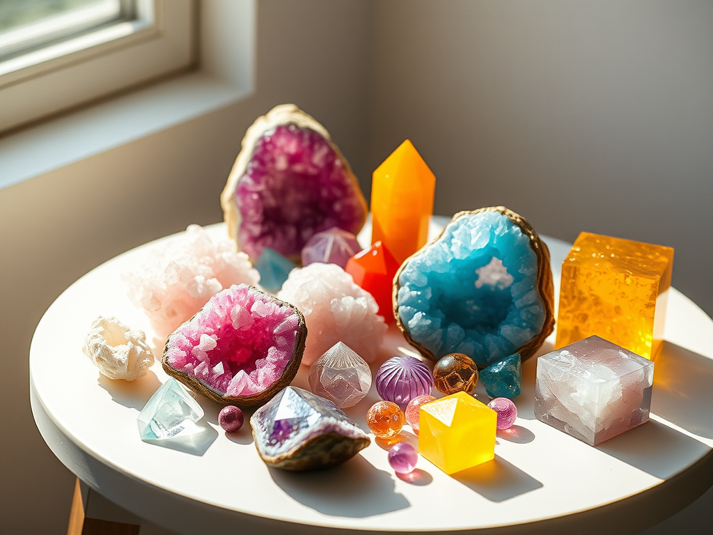 A serene altar featuring a white candle, a crystal pyramid, a seated Buddha statue, and lavender flowers on a decorative plate.