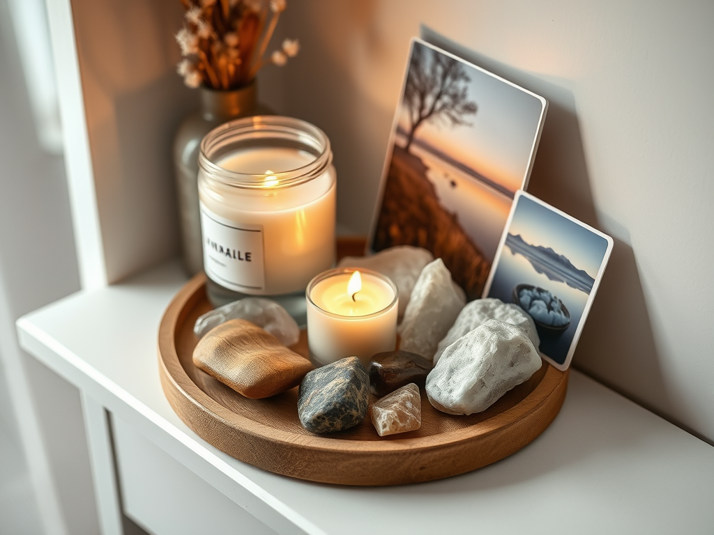 A beautifully arranged altar featuring candles, flowers, and decorative stones, with the words 'Beltane Blessings' written on a piece of paper.